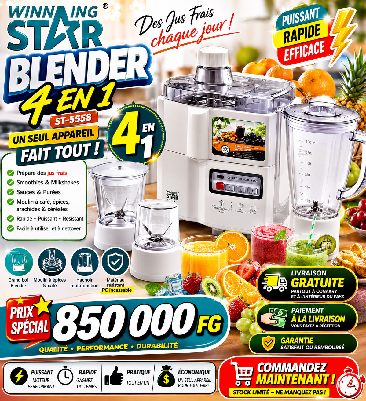 🥤 Blender Multifonction Winning Star 4 en 1 ST-5558
