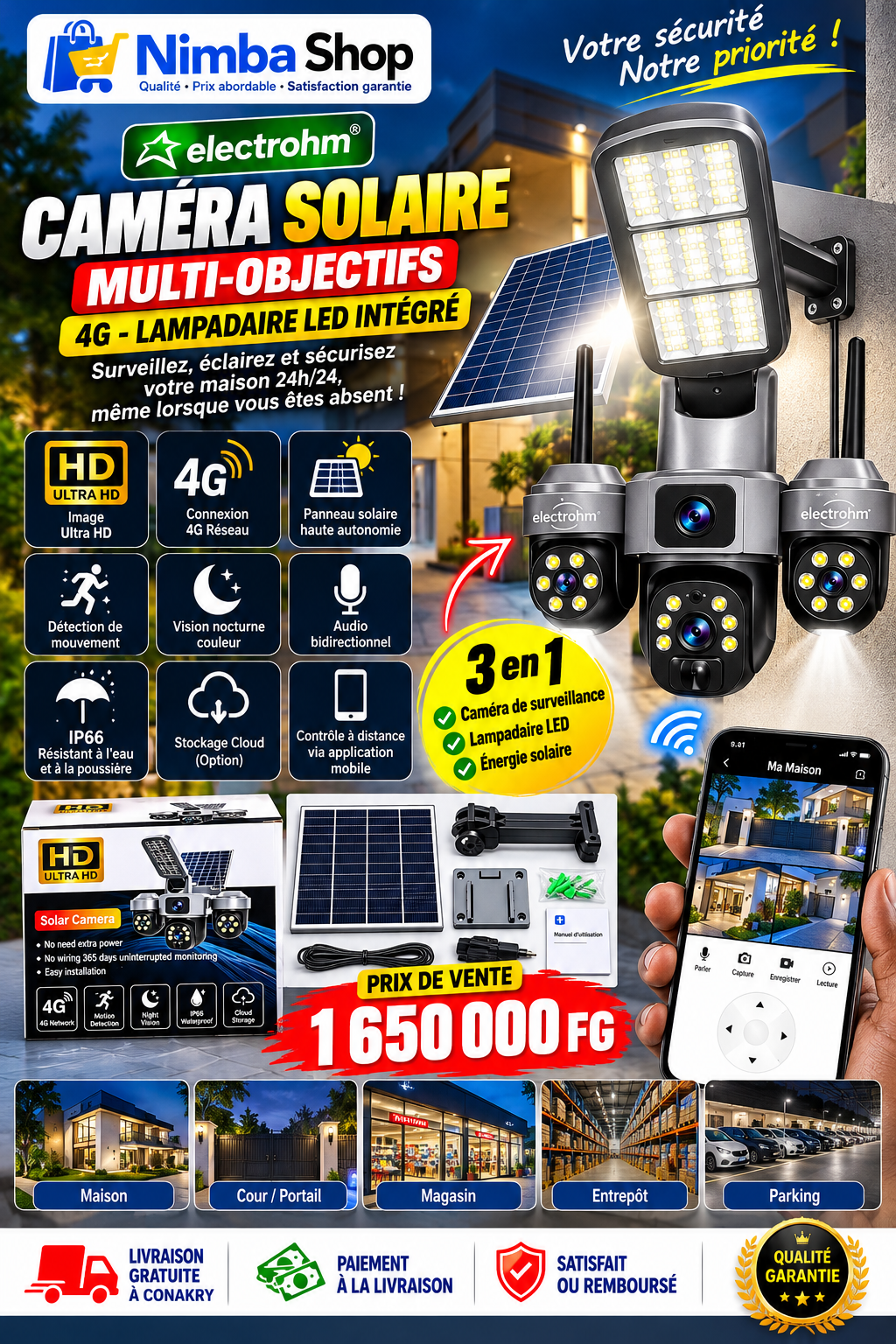 ☀️ CAMÉRA SOLAIRE ELECTROHM 4G MULTI-OBJECTIFS AVEC LAMPADAIRE LED
