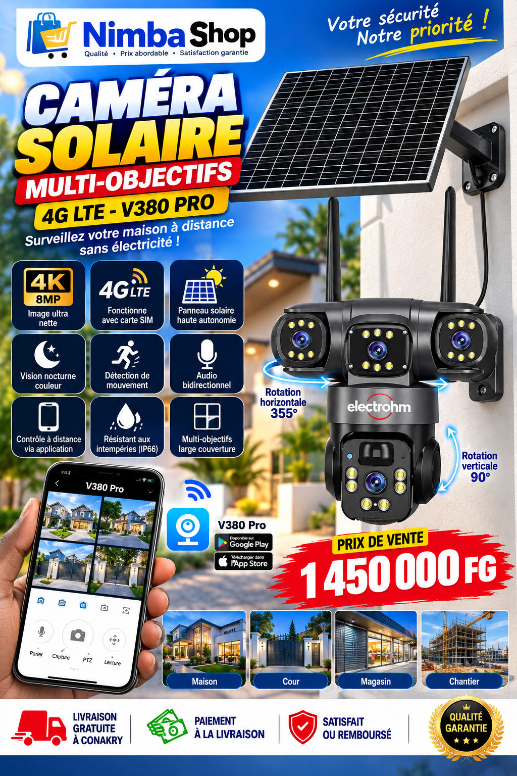 🔐 Caméra de Surveillance Solaire Electrohm 4G LTE – Multi-Objectifs