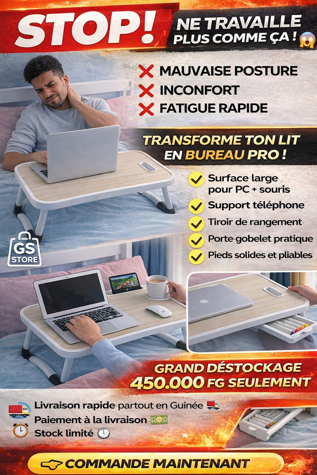 🛏️ Table de Lit Multifonction Pliable – Bureau Confort à Domicile