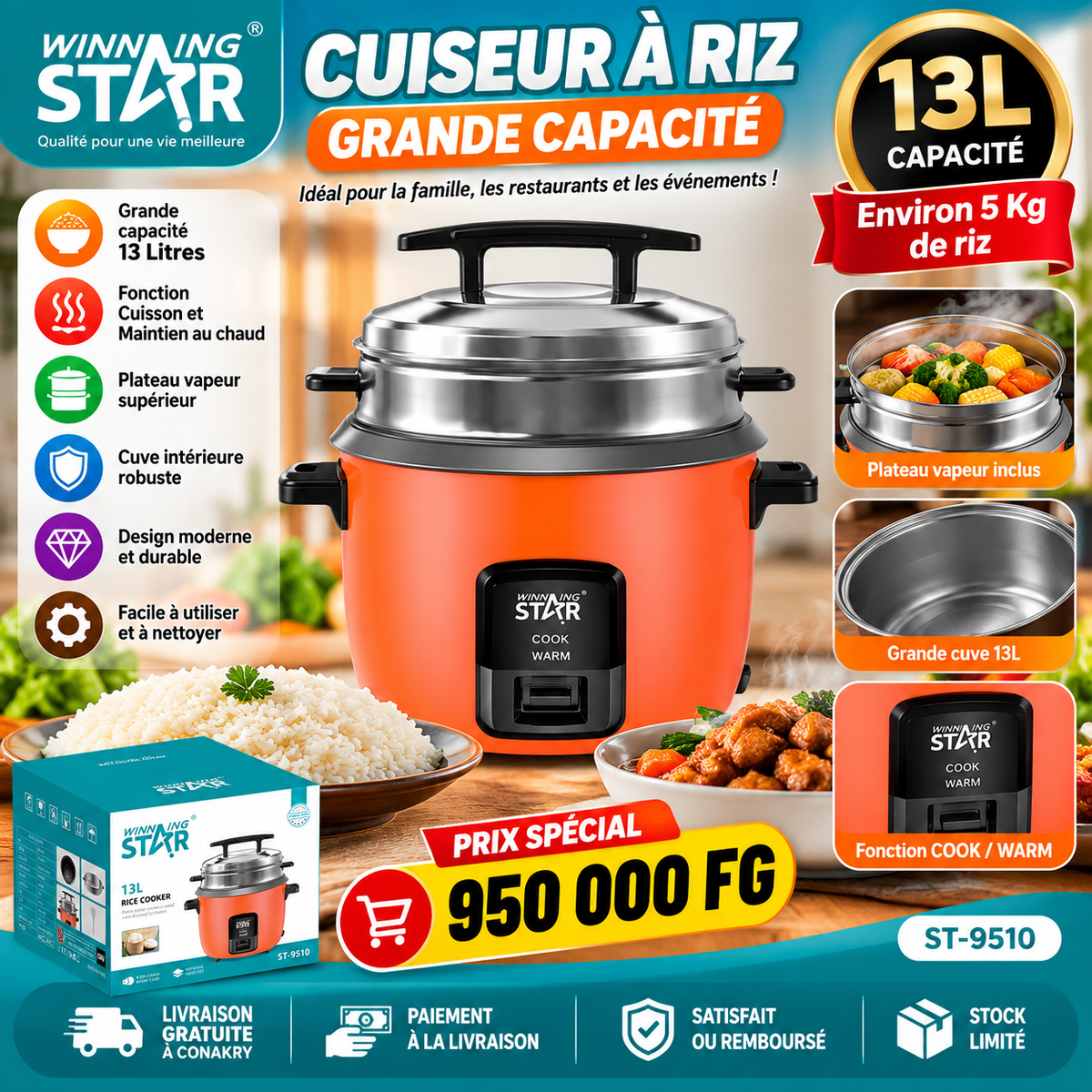 🍚 Cuiseur à riz grande capacité Winning Star ST-9510 – 13 L
Prix : 950 000 FG