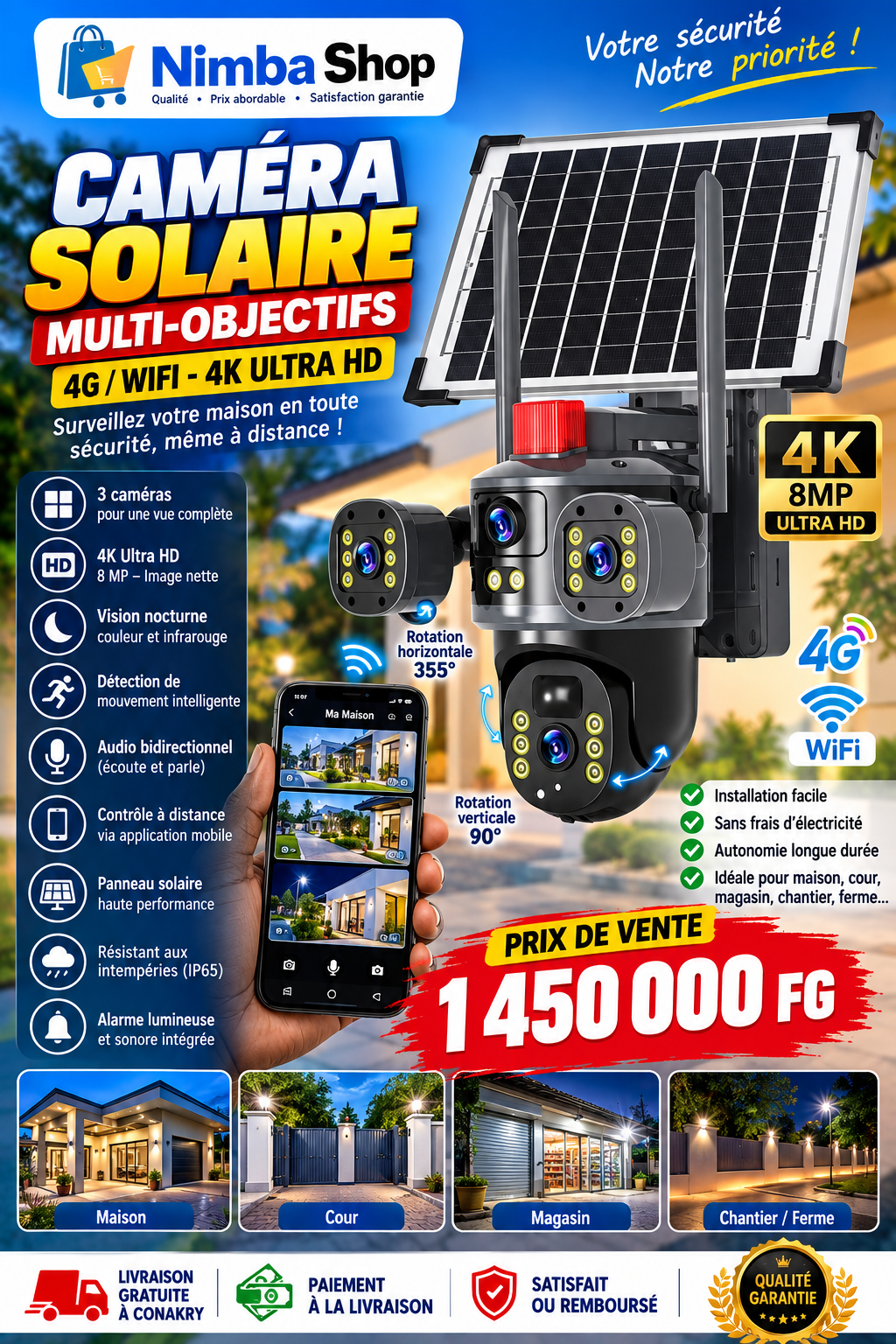 Caméra de Surveillance Solaire Multi-Objectifs 4G/Wi-Fi – 4K 8MP
