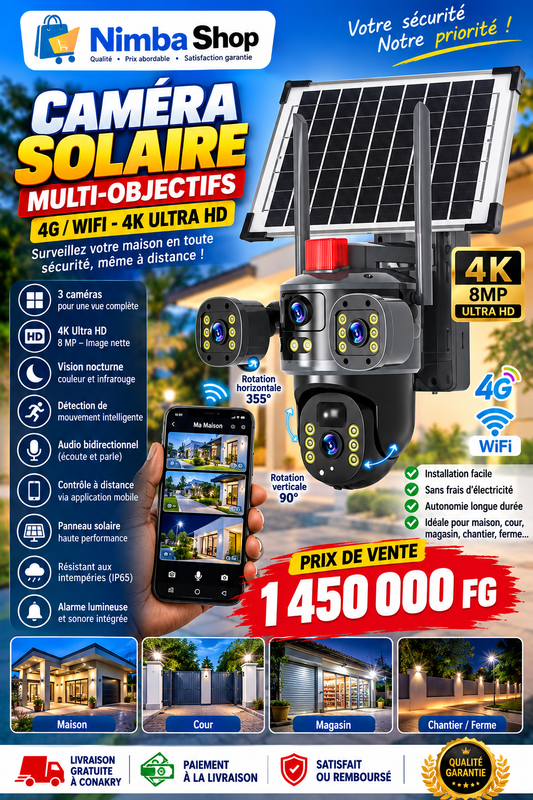 Caméra de Surveillance Solaire Multi-Objectifs 4G/Wi-Fi – 4K 8MP