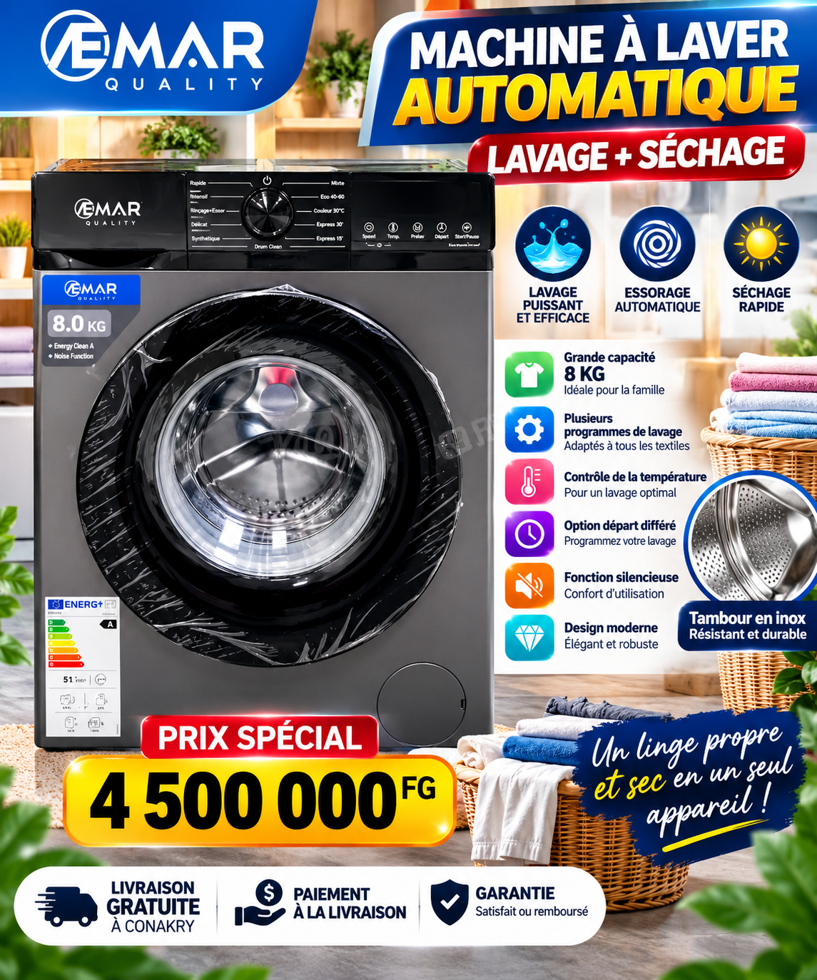 🧺 Machine à Laver Automatique EMAR 8 KG – Lavage & Séchage