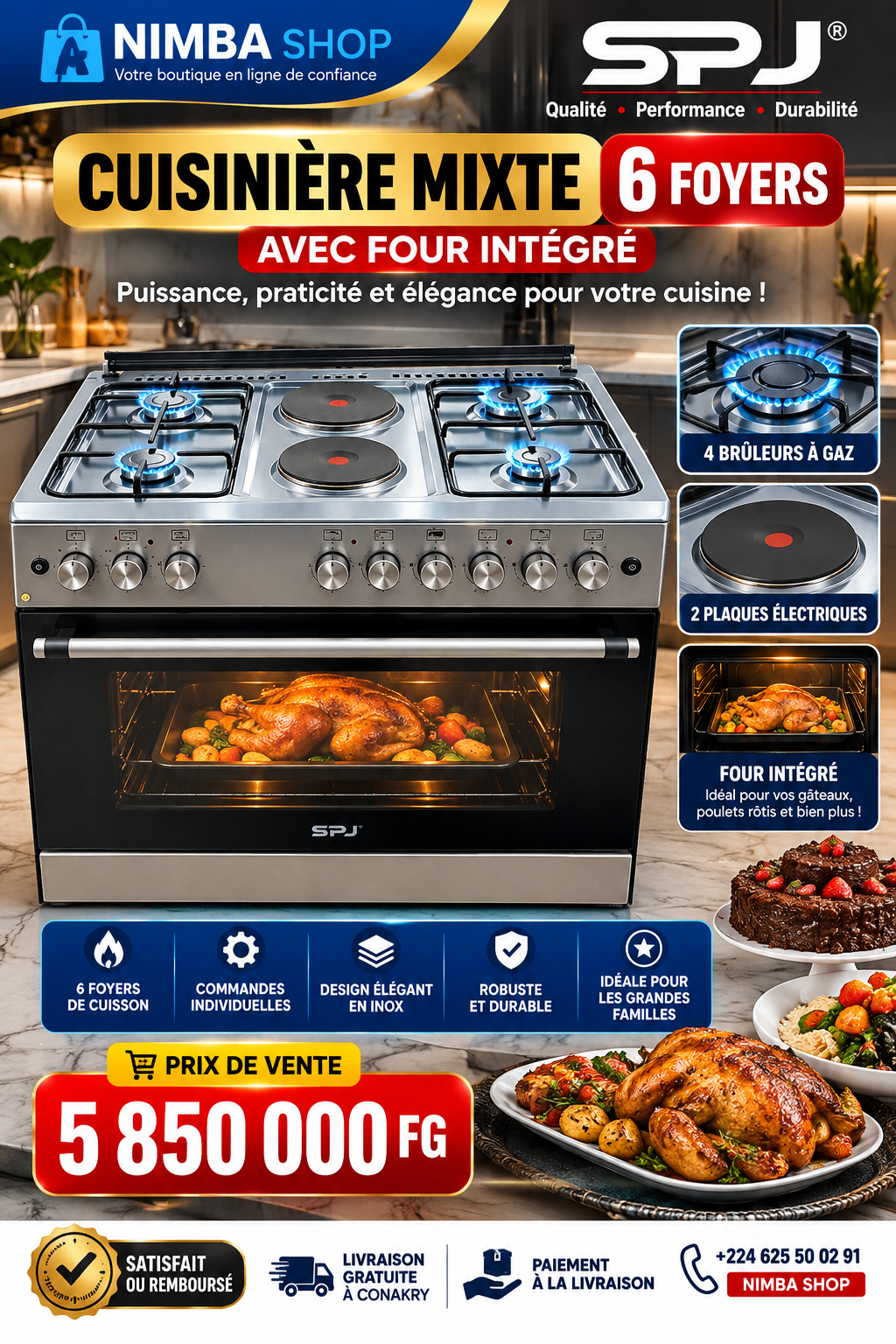 🔥 CUISINIÈRE MIXTE SPJ – 6 FOYERS AVEC FOUR INTÉGRÉ