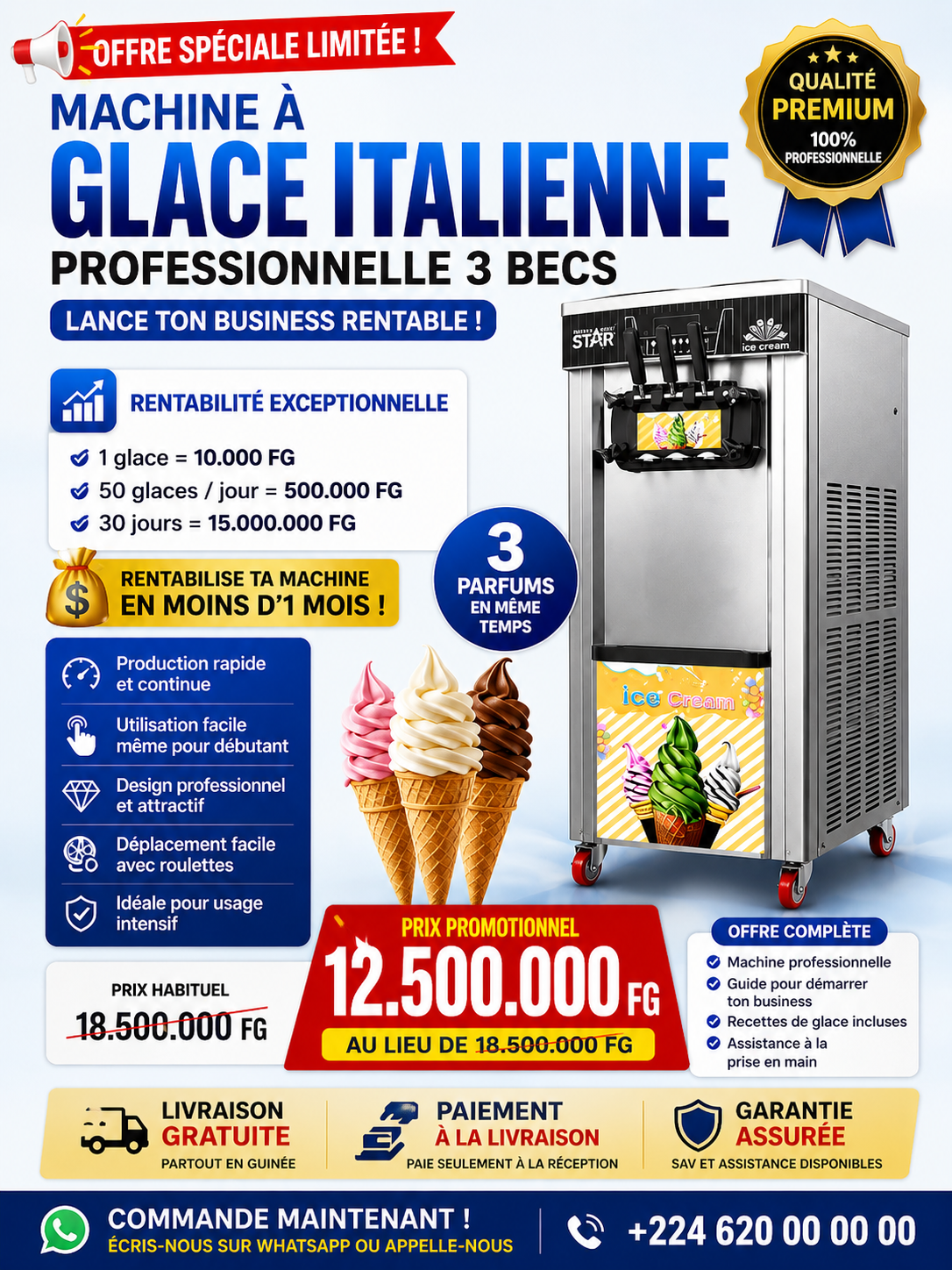 🧊 MACHINE À GLACE ITALIENNE PROFESSIONNELLE 3 BECS
