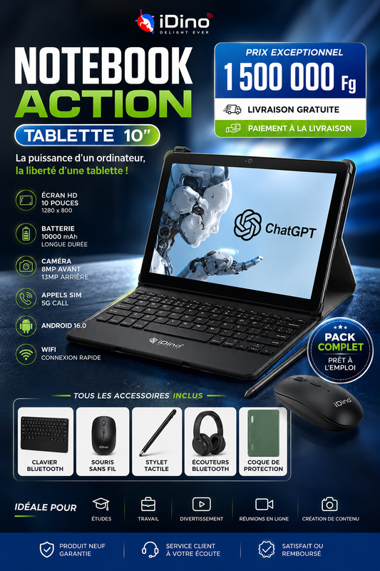💻 Tablette iDino Notebook Action 10” – L’ordinateur portable intelligent à seulement 1 500 000 Fg !