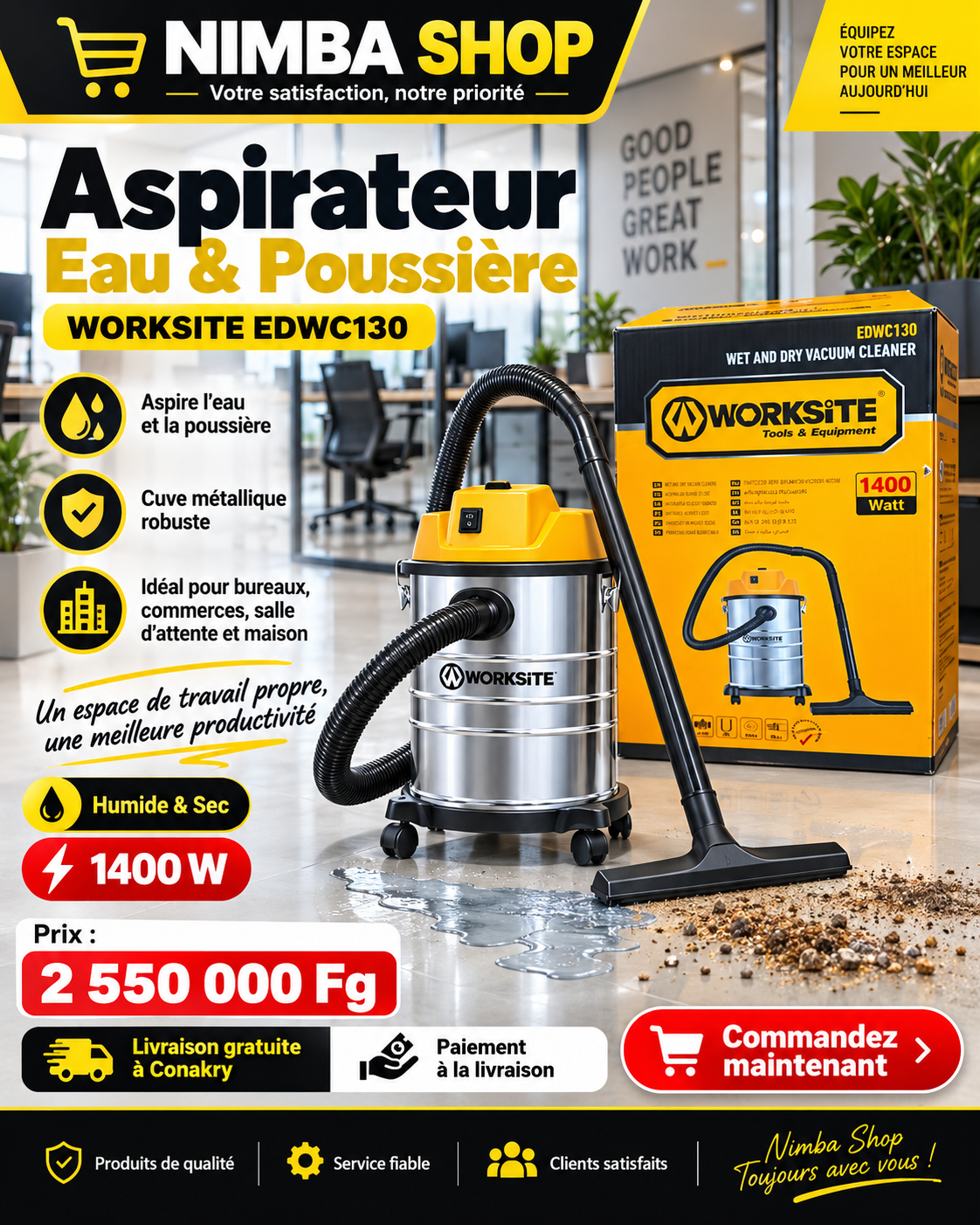 Aspirateur Eau & Poussière WORKSITE EDWC130 – 1400 W