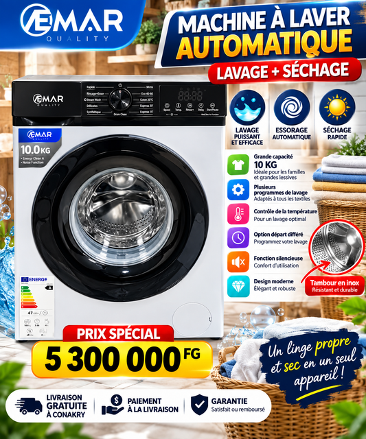 🧺 Machine à Laver Automatique EMAR 10 KG – Lavage & Séchage