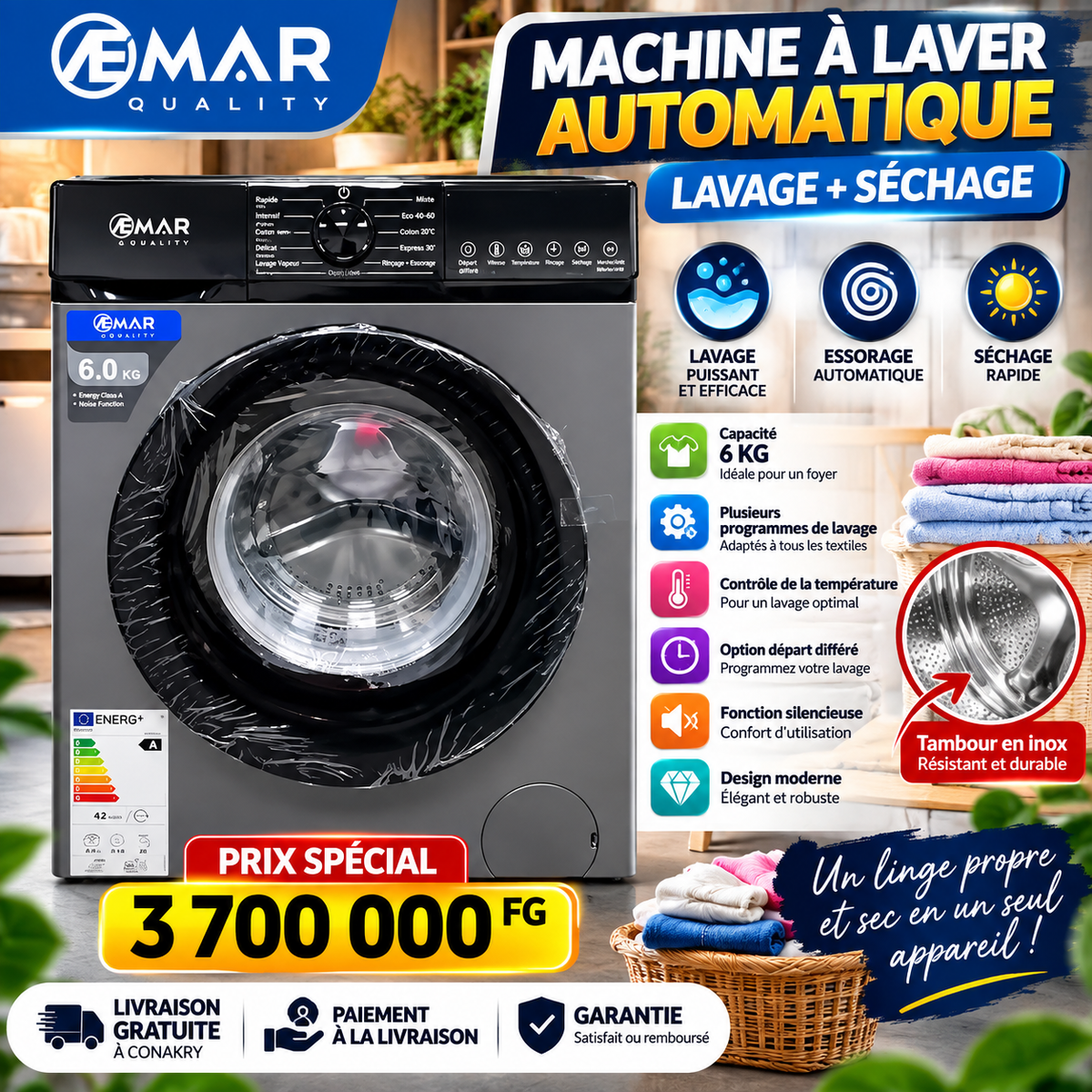 🧺 Machine à Laver Automatique EMAR 6 KG – Lavage & Séchage