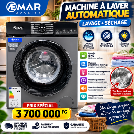 🧺 Machine à Laver Automatique EMAR 6 KG – Lavage & Séchage