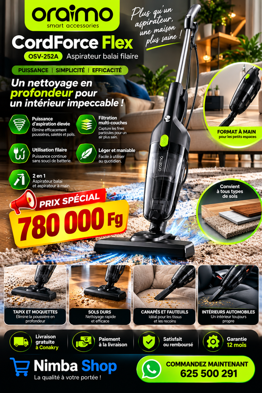Aspirateur Oraimo CordForce Flex 2 en 1 – La propreté sans effort !