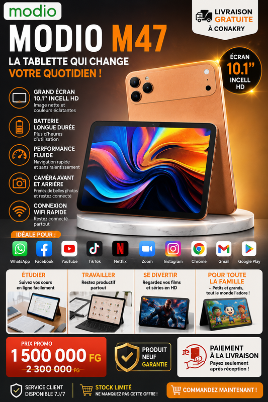 📱 Modio M47 – La Tablette 10.1” qui allie Performance, Élégance et Confort
