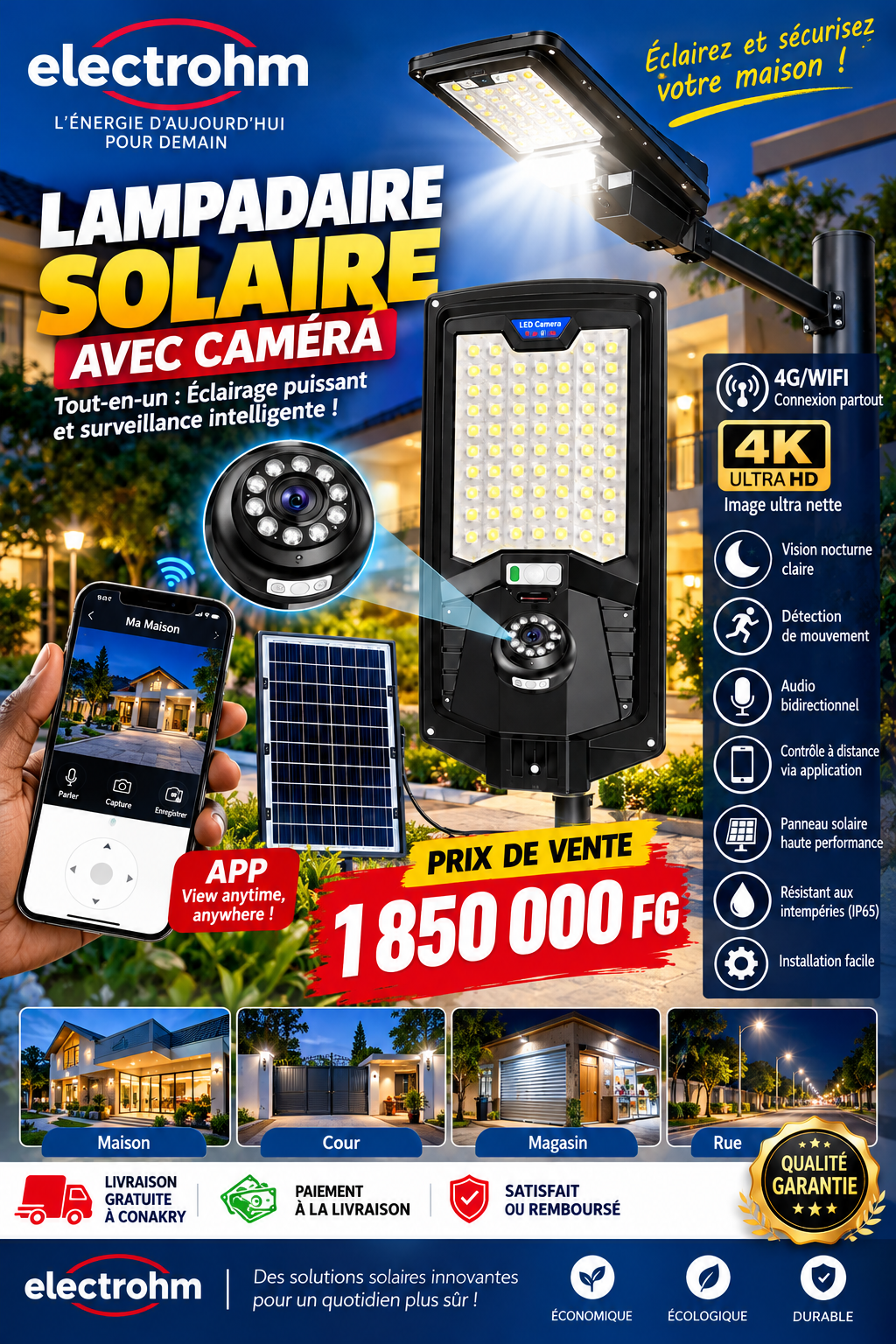 🔆 Lampadaire Solaire LED avec Caméra 4K – Éclairage & Sécurité 2-en-1