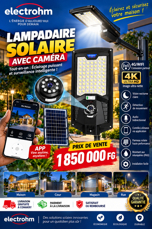 🔆 Lampadaire Solaire LED avec Caméra 4K – Éclairage & Sécurité 2-en-1