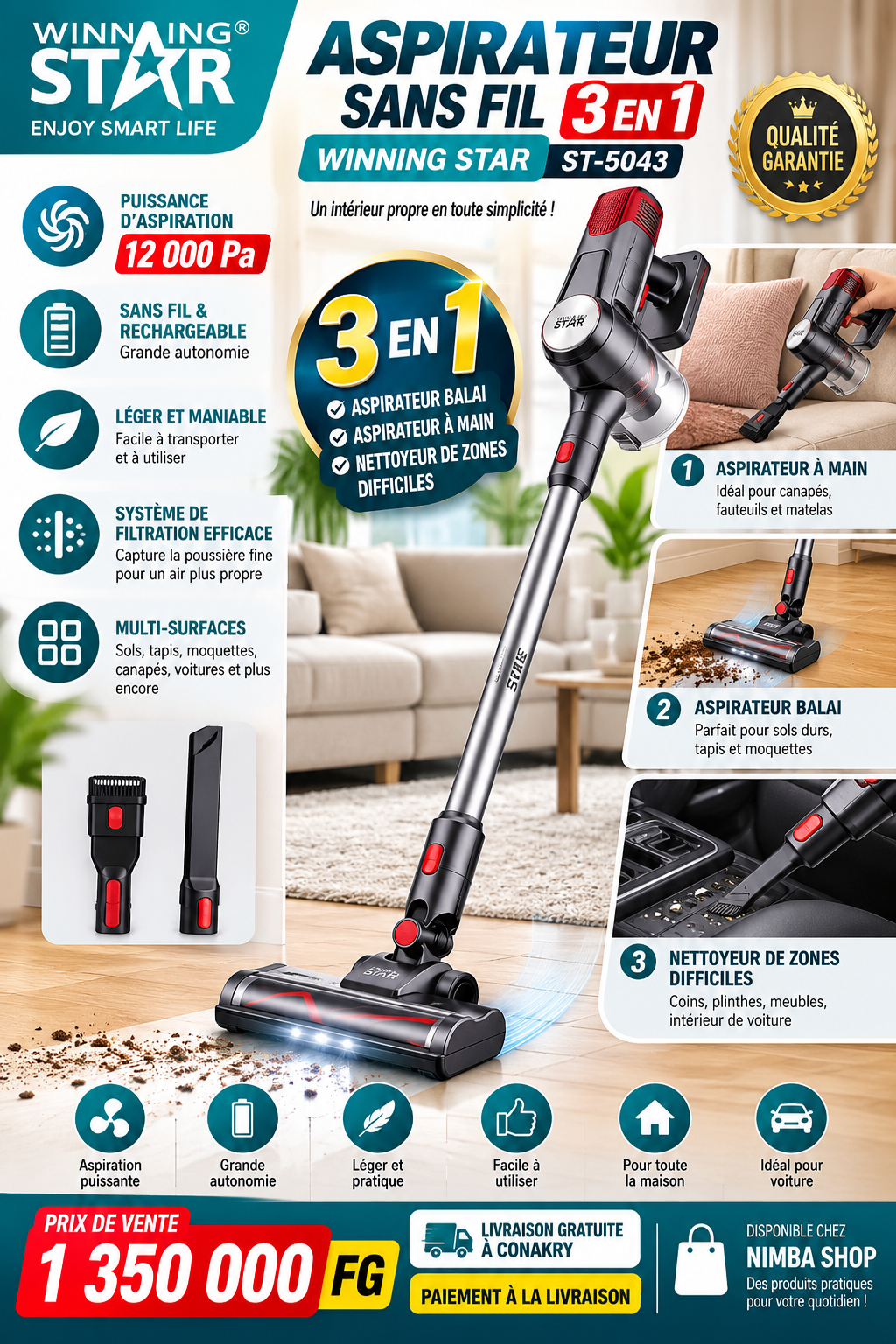 🧹 Aspirateur 3 en 1 Sans Fil Winning Star