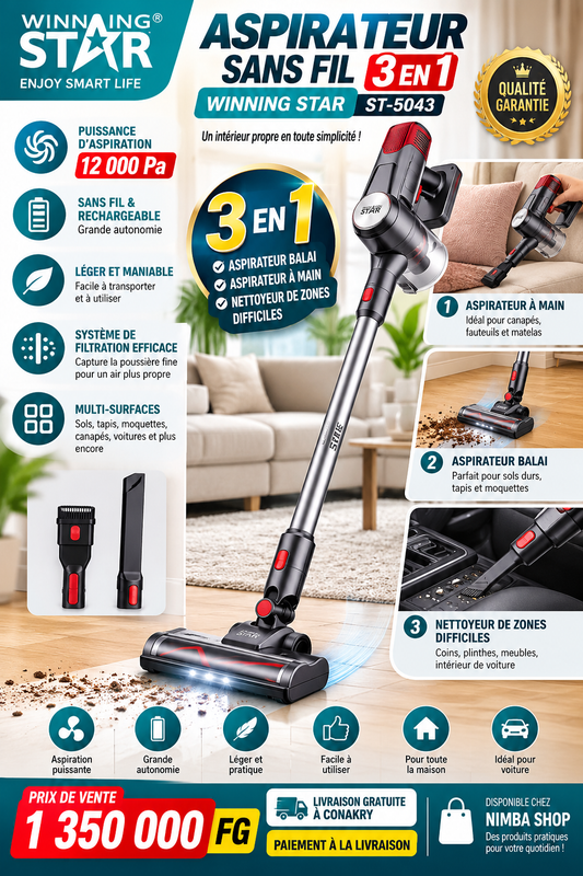 🧹 Aspirateur 3 en 1 Sans Fil Winning Star