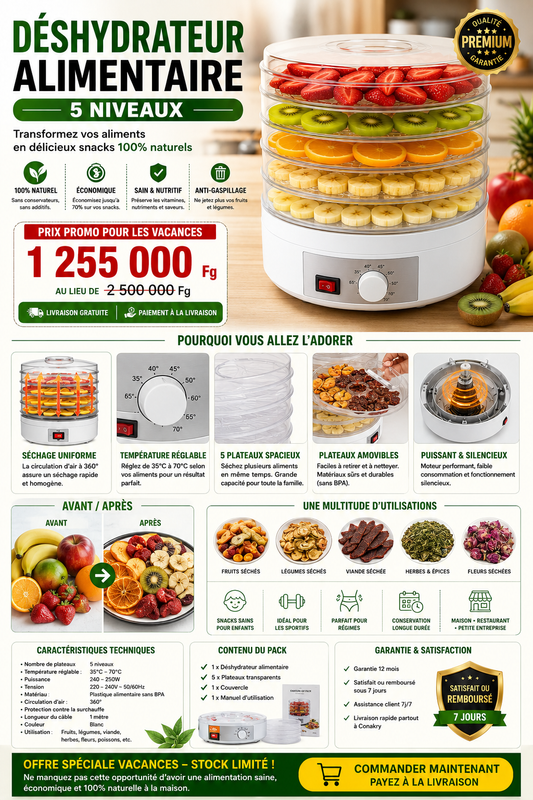 🍓 Déshydrateur Alimentaire Premium 5 Niveaux – Préparez des Snacks 100% Naturels à la Maison !