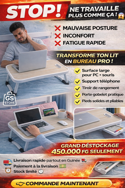 🛏️ Table de Lit Multifonction Pliable – Bureau Confort à Domicile