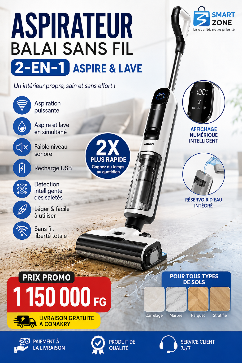 🧹🧹 Aspirateur Balai Sans Fil 2-en-1 Aspire & Lave