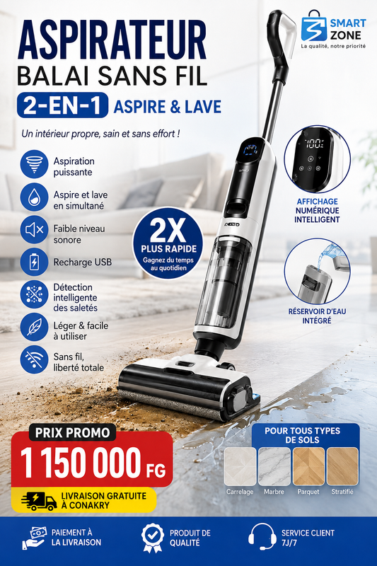 🧹🧹 Aspirateur Balai Sans Fil 2-en-1 Aspire & Lave