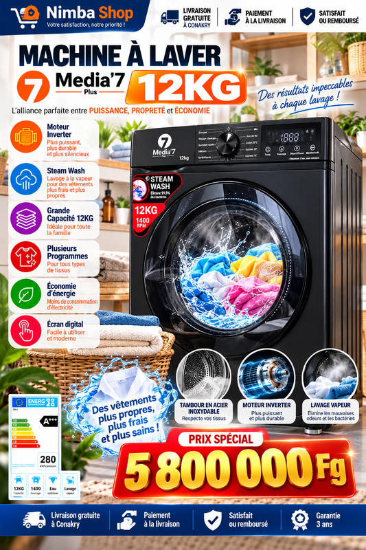 Machine à Laver Automatique Media’7 Plus – 12 KG | Moteur Inverter & Lavage Vapeur