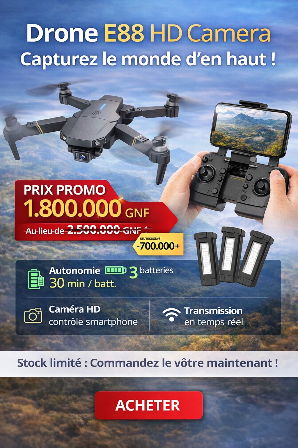 🛸 🚁 Drone E88 HD Camera – Capturez le monde d’en haut !